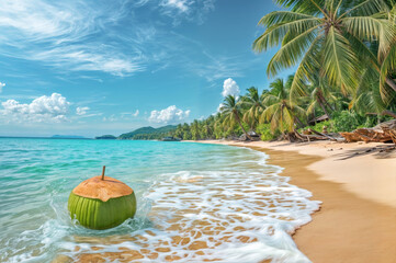 Green coconut floats in the water near sandy beach and palm trees in tropical location on sunny day