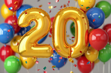 Colorful balloons and shiny number 20 celebrate a special event in a festive setting