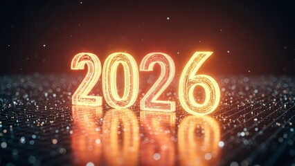 Radiant orange '2026' text on a digital circuit board with sparkling bokeh effect