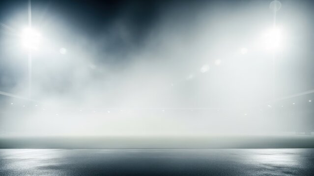 Powerful spotlights illuminate a hazy, dark arena floor with a wet, reflective surface