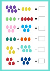 Mathematical worksheet, adding Easter multicolored eggs.