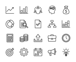 Fototapeta premium Business line icon set. vector pictograms of chart, money, target, calculator, and strategy, thin outline illustration.
