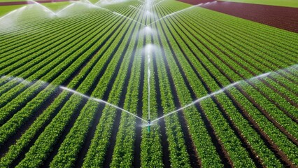 Rows of vibrant green crops under automated irrigation sprinklers in a vast field