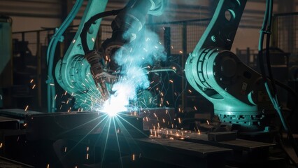 Robotic arms precisely welding metal, creating bright sparks in a dark factory environment