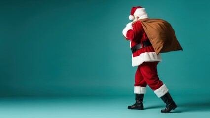 Santa Claus figure in red suit walks, large brown sack over shoulder, teal background
