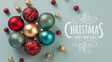 christmas balls on a red background Merry Christmas and Happy Holidays greeting card, frame, banner. New Year. Noel. Red and white Christmas decorations and g top view. Winter xmas holiday celebration