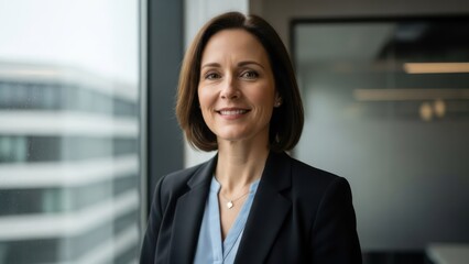Smiling mid-adult businesswoman in a suit, standing by a window in a modern office
