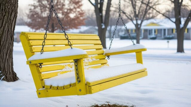 Snow-covered bright yellow wooden swing in a quiet residential winter yard