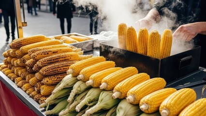 Street vendor's stall filled with fresh, grilled, and steaming hot yellow corn cobs