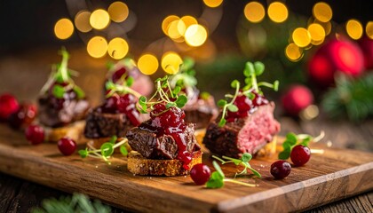 Kleine Rinderbraten-Canap&eacute;s liegen auf einem Holzbrett und sind mit Cranberry-Glasur sowie frischen Microgreens dekoriert