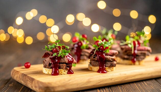 Kleine Rinderbraten-Canap&eacute;s liegen auf einem Holzbrett und sind mit Cranberry-Glasur sowie frischen Microgreens dekoriert