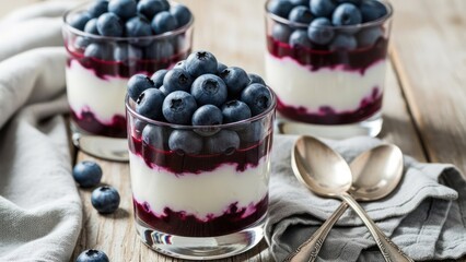 Three glasses of blueberry parfaits with yogurt layers and spoons on a wooden table