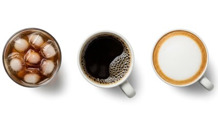 Three top-down views of various coffee drinks iced, black, and foamy latte in cups