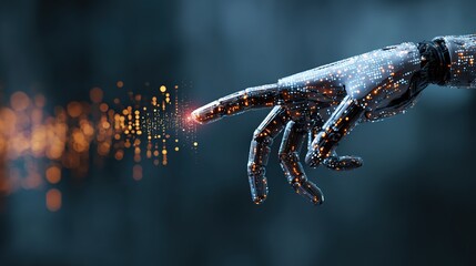 Digital Genesis: A cybernetic hand reaches out to initiate a cascade of digital data, symbolizing the creation of artificial intelligence.