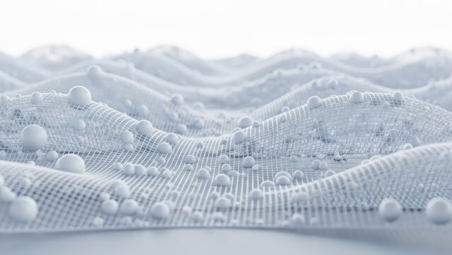 Textured white fabric with water-repellent beads on a rippled, grid-like surface