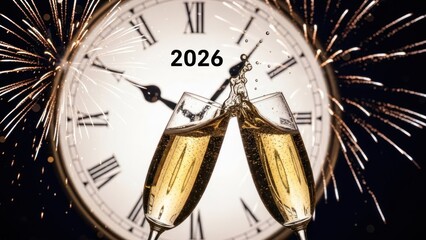 Two champagne flutes clink, splashing, before a Roman numeral clock and fireworks 2026