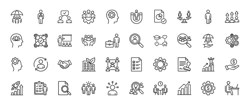Human resources and business management line icon set. Vector pictograms of teamwork, strategy, growth, and employee lifecycle, thin outline illustration.