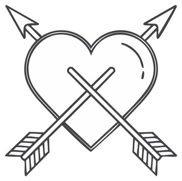 Simple outline icon of a heart pierced by two crossed arrows symbol of love and romance