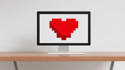 Clean office desk with computer monitor displaying a red pixelated heart, Valentine's Day digital love concept