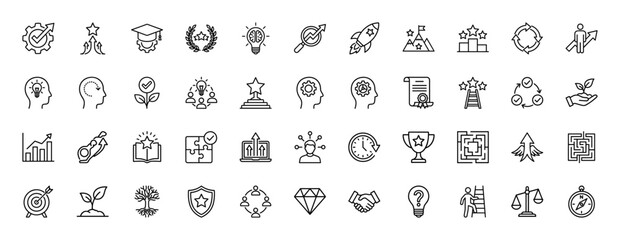 Business and success line icon set. Vector pictograms of target, growth, achievement, idea, teamwork, and education, thin outline illustration.