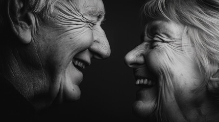 Close-up of an elderly couple laughing, mature love concept for Valentine's Day