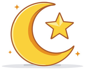 Golden Crescent Moon and Star Icon Representing Night Sky and Islam