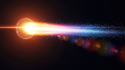 Vibrant particle beam radiating from a glowing sphere, transitioning orange to blue on dark