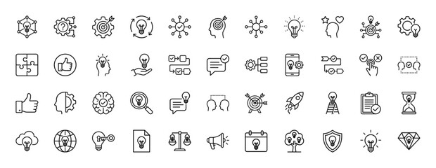 Business and creativity line icon set. Vector pictograms of idea, target, lightbulb, puzzle, and process flow, thin outline illustration.