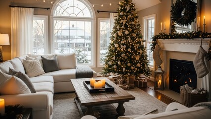 Warm, festive living room with illuminated Christmas tree and snowy window view