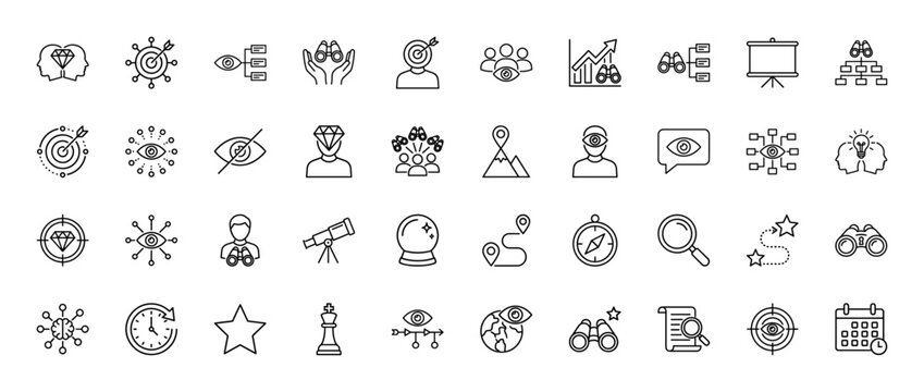 Business vision and strategy line icon set. Vector pictograms of target, diamond, binoculars, telescope, and compass, thin outline illustration.