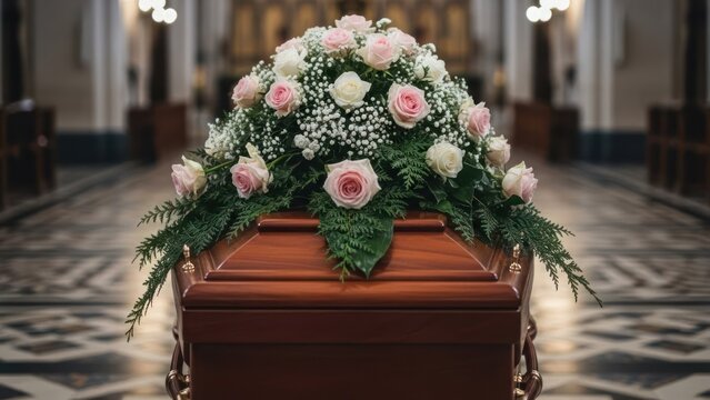Wooden coffin with pink and white roses and greenery, inside a solemn church setting