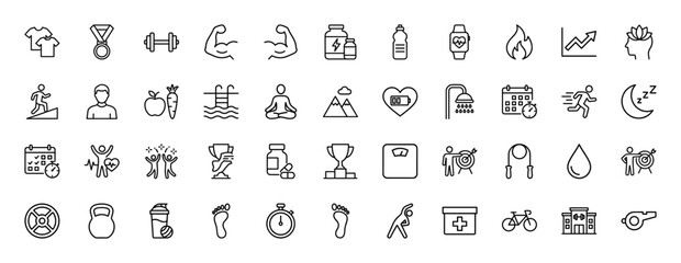 Fitness and healthy lifestyle line icon set. Vector pictograms of dumbbell, heart rate, swimming, yoga, and sleep, thin outline illustration.