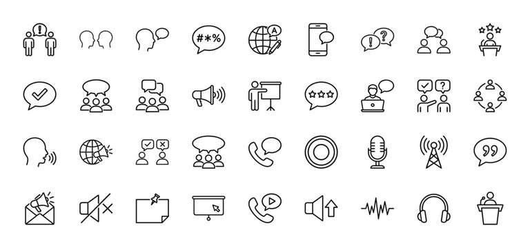Communication and speaking line icon set. Vector pictograms of microphone, phone, speech bubbles, and presentation, thin outline illustration.