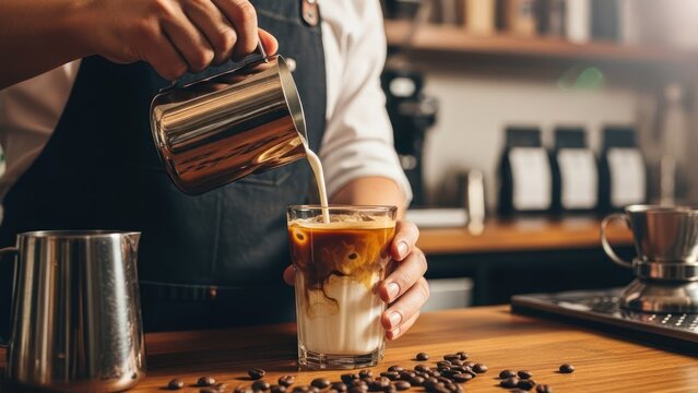 A barista in an apron pours milk from a metal pitcher into a glass of iced coffee - Powered by Adobe