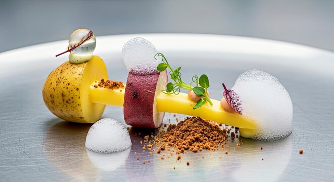 Molecular Gastronomy Kumpir With Foams and Spheres Laboratory Setting Futuristic Culinary Science