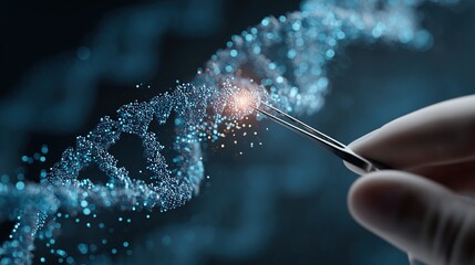 Genetics Engineering: A close-up view of a scientist meticulously working on a DNA strand, using precision tools, suggesting cutting-edge scientific innovation.