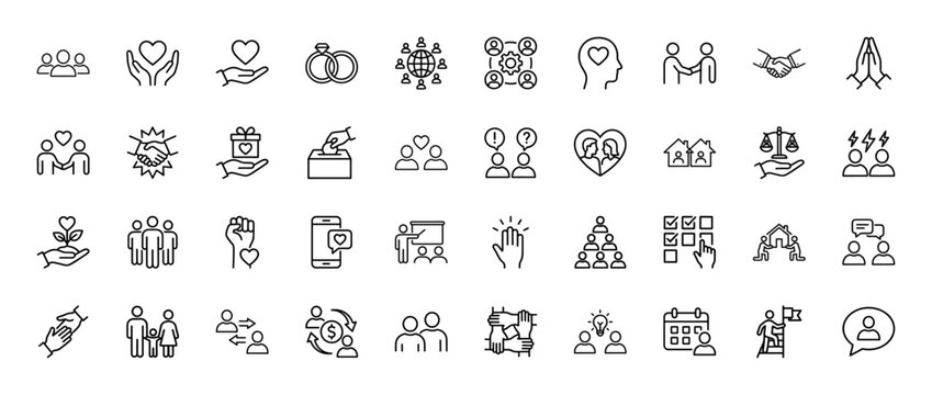 Community and relationship line icon set. Vector pictograms of handshake, ring, heart, donation, and teamwork, thin outline illustration.
