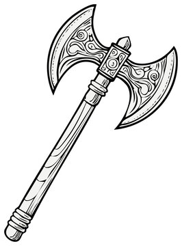 Decorative double-bladed axe illustration with intricate design details and hand-drawn style