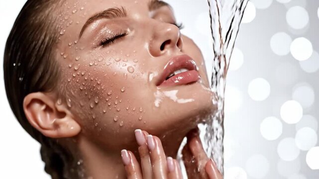 Woman refreshing face with pure water cleansing skin beauty and hydration