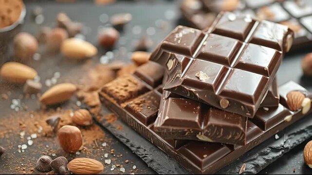 Stacked bars of dark nut chocolate on a slate surface surrounded by almonds hazelnuts cocoa powder and sea salt crystals