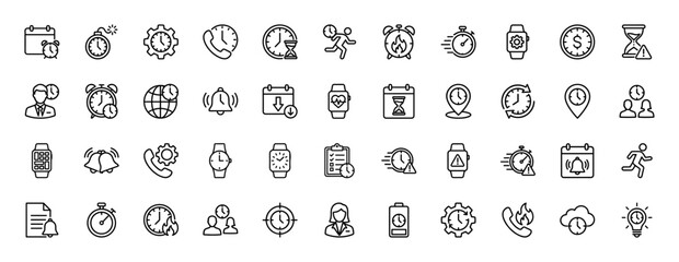 Time management and scheduling line icon set. Vector pictograms of clock, alarm, calendar, stopwatch, and smart watch, thin outline illustration.