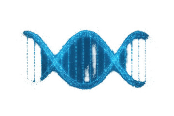 Digital dna helix glowing blue, representing genetics, bioengineering, and data science, with binary code structure on transparent background
