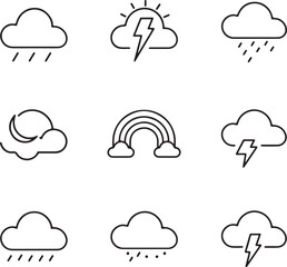 Weather and climate icon set featuring temperature, humidity, uv, cloud level, sunrise,