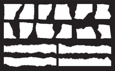 Set of white torn notebook sheets for collage, scrapbooking, typography. Ripped old vintage paper silhouettes in a grunge style. White vector paper clipping.