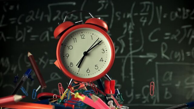 Alarm clock and school tools soaring up against the blackboard background. Filmed on a high-speed camera at 1000 fps. High quality FullHD footage