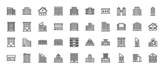 Architecture and real estate line icon set. Vector pictograms of various residential and corporate buildings, thin outline illustration.