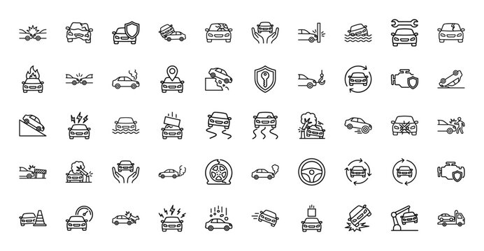 Automotive insurance and accident line icon set. Vector pictograms of car crash, damage, repair, protection, and roadside assistance, thin outline illustration.