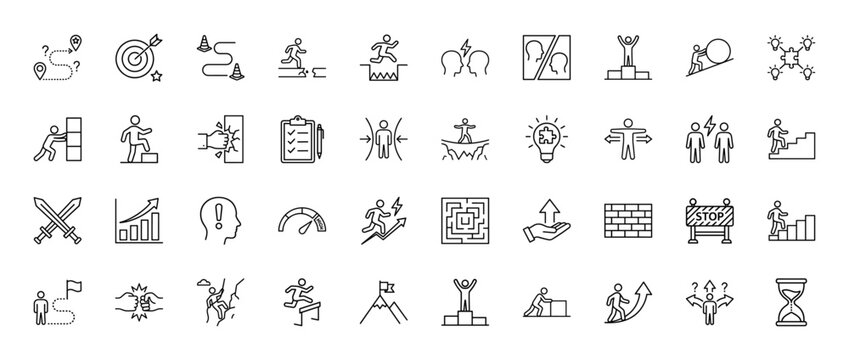 Business challenge line icon set. Vector pictograms of success, progress, effort, solution, and teamwork, thin outline illustration.