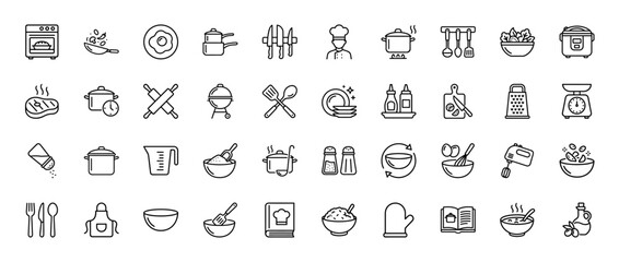 Fototapeta premium Cooking and kitchen utensil line icon set. Vector pictograms of oven, rolling pin, chef, pot, and grater, thin outline illustration.