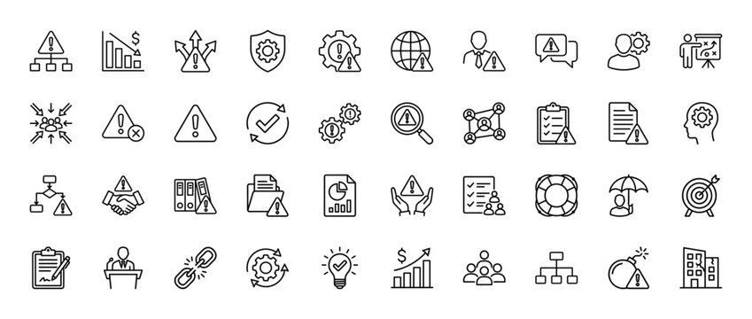 Risk management line icon set. Vector pictograms of warning, danger, security, crisis, and problem solving, thin outline illustration.